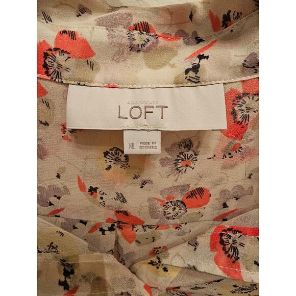 Ann Taylor LOFT Long Sleeve Sheer Cream Red Floral Button Up Blouse, Sz XL - Picture 4 of 10